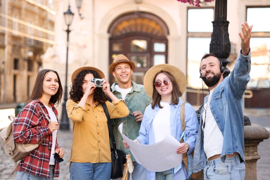 Group of travelers on a guided tour of an old town